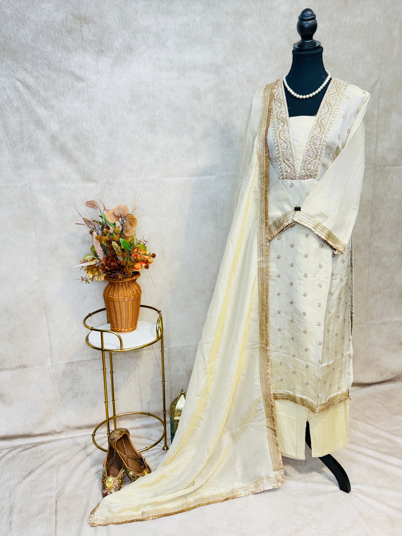 Ivory Cream & Gold Embroidered 3-Piece Suit Set